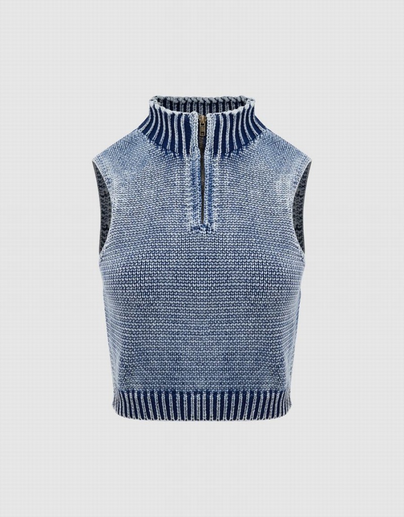 Cárdigan Urban Revivo Zip Half Placket De Punto Mujer Azules | PWS972KG