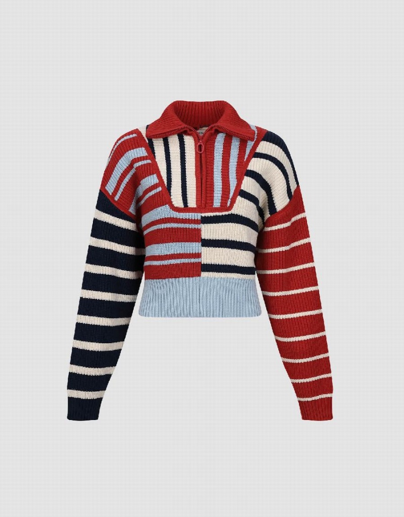 Cárdigan Urban Revivo Zip Half Placket Lapel De Punto Mujer Rojos Negros Blancos | FPY8241FC
