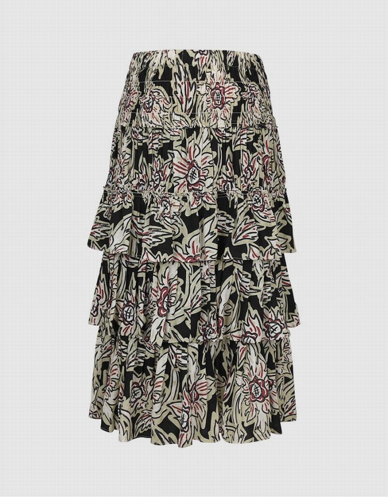 Falda Urban Revivo Elastic Cintura Printed Midi A-Line Mujer Negros Multicolor | MVY4281IT