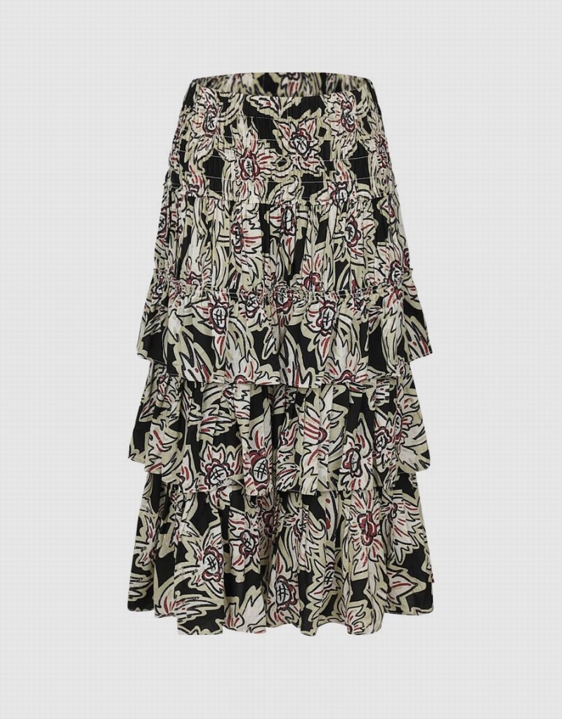Falda Urban Revivo Elastic Cintura Printed Midi A-Line Mujer Negros Multicolor | MVY4281IT