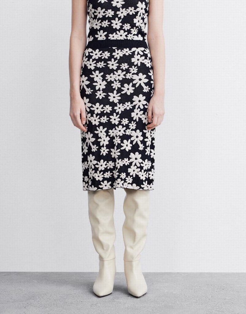 Falda Urban Revivo Floral Print Knit Mujer Negros Blancos | RKC5158SF