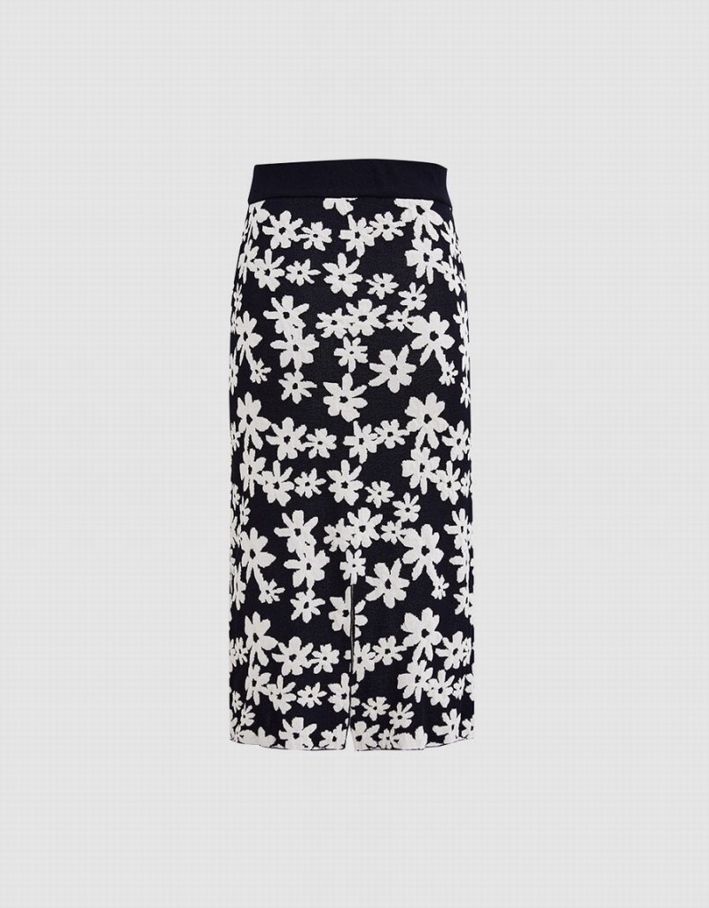 Falda Urban Revivo Floral Print Knit Mujer Negros Blancos | RKC5158SF