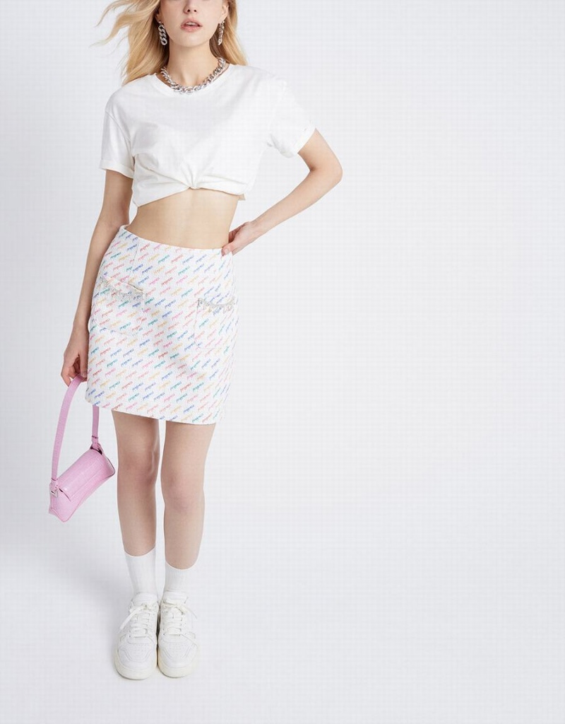 Falda Urban Revivo Letter Print Rhinestone Detail Mujer Blancos | ACO462BU