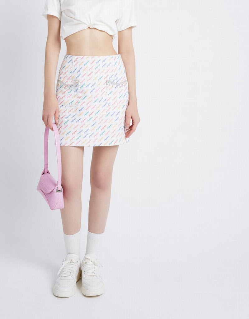 Falda Urban Revivo Letter Print Rhinestone Detail Mujer Blancos | ACO462BU