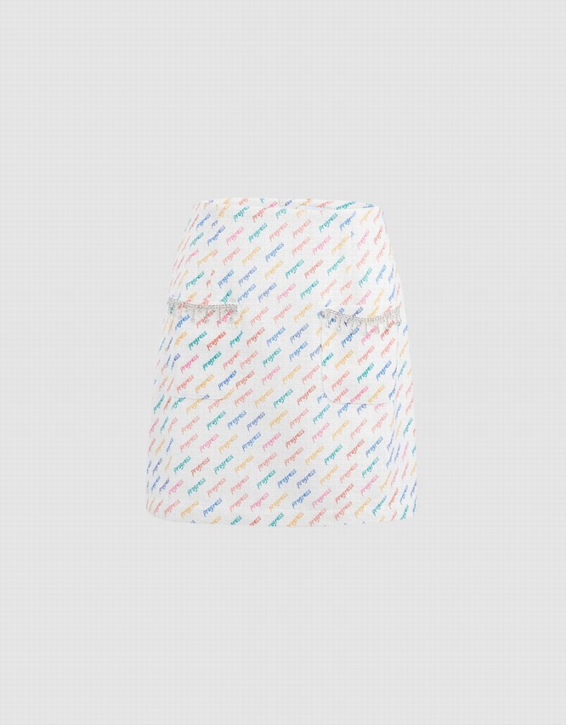 Falda Urban Revivo Letter Print Rhinestone Detail Mujer Blancos | ACO462BU