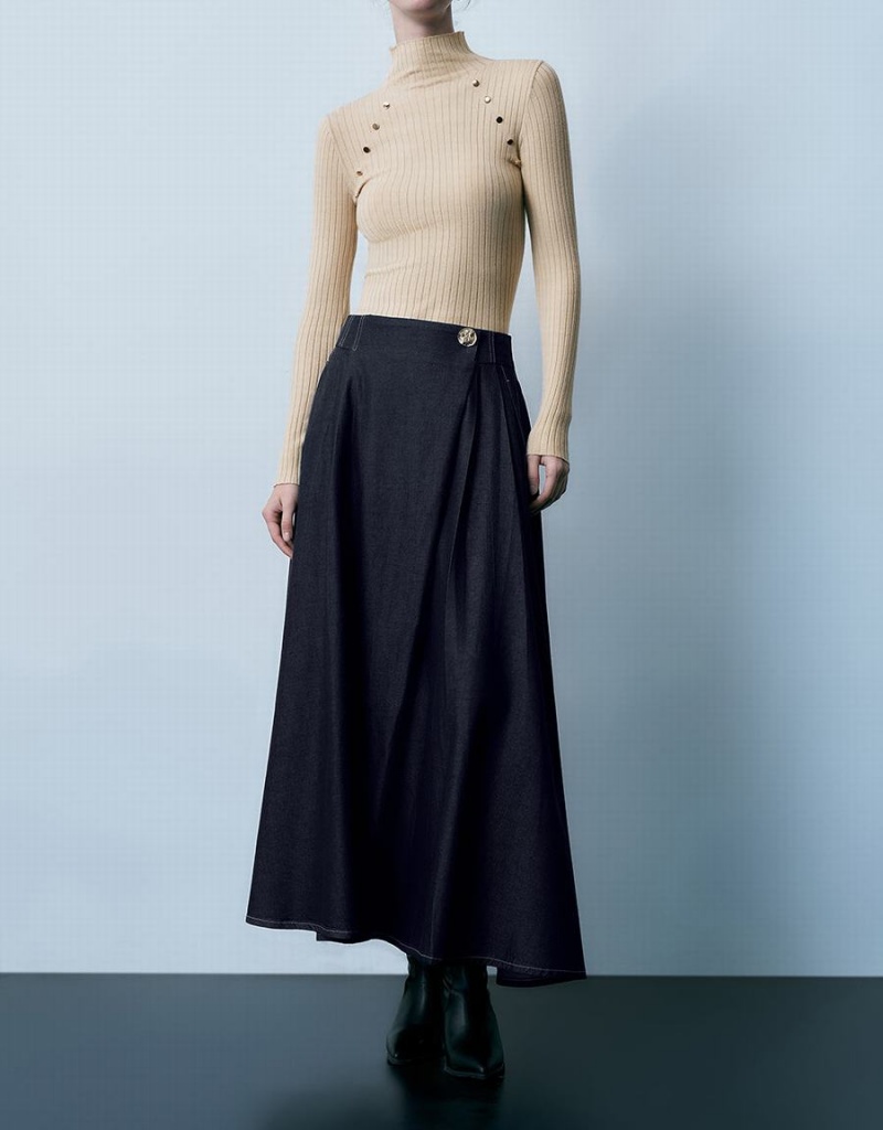Falda Urban Revivo Midi A-Line Denim Mujer Azules | XKO9468ER