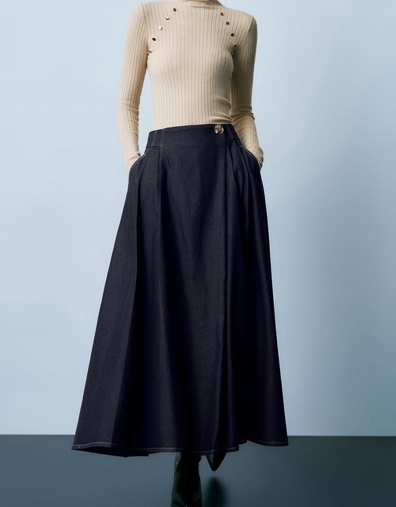 Falda Urban Revivo Midi A-Line Denim Mujer Azules | XKO9468ER