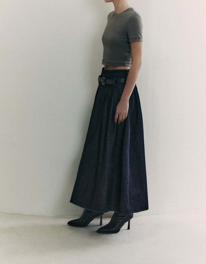Falda Urban Revivo Midi A-Line Denim With Belt Mujer Azules | PGV6558JQ