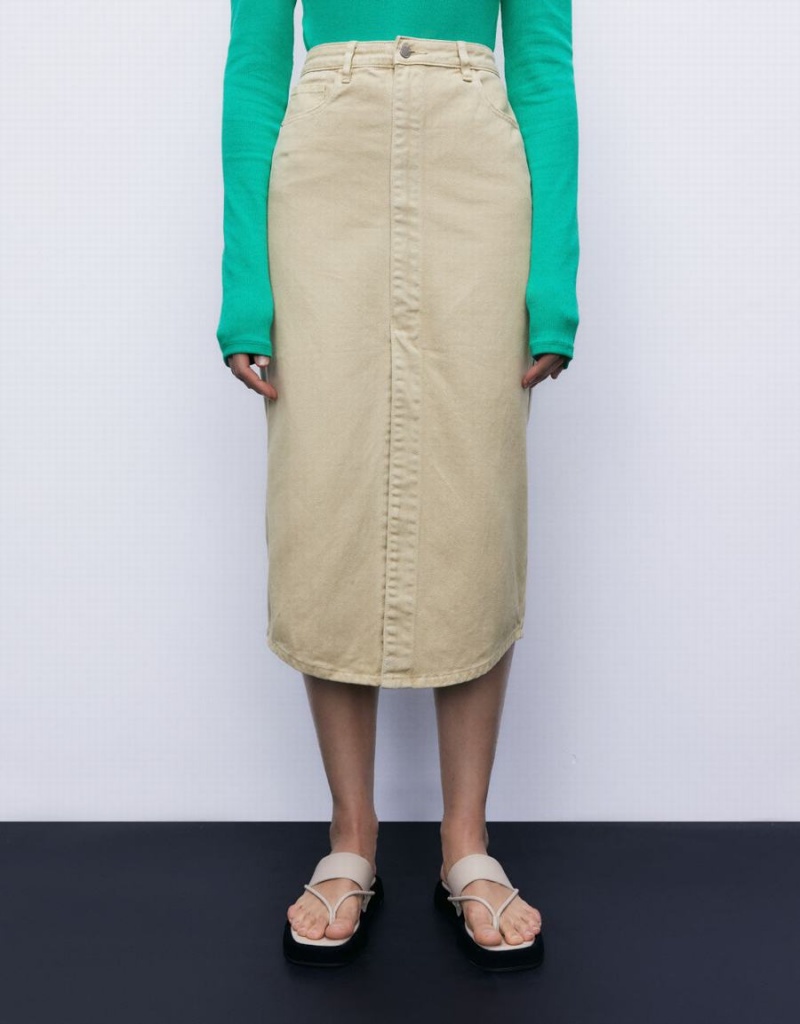 Falda Urban Revivo Midi Directo Denim Mujer Kaki | BFT226HE