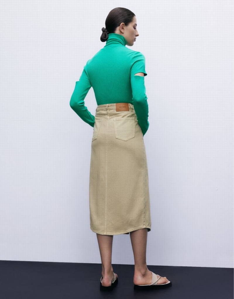 Falda Urban Revivo Midi Directo Denim Mujer Kaki | BFT226HE