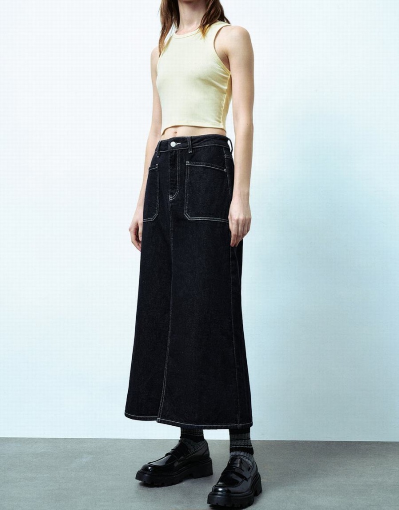 Falda Urban Revivo Midi Directo Denim Mujer Azules | ITI3421BE