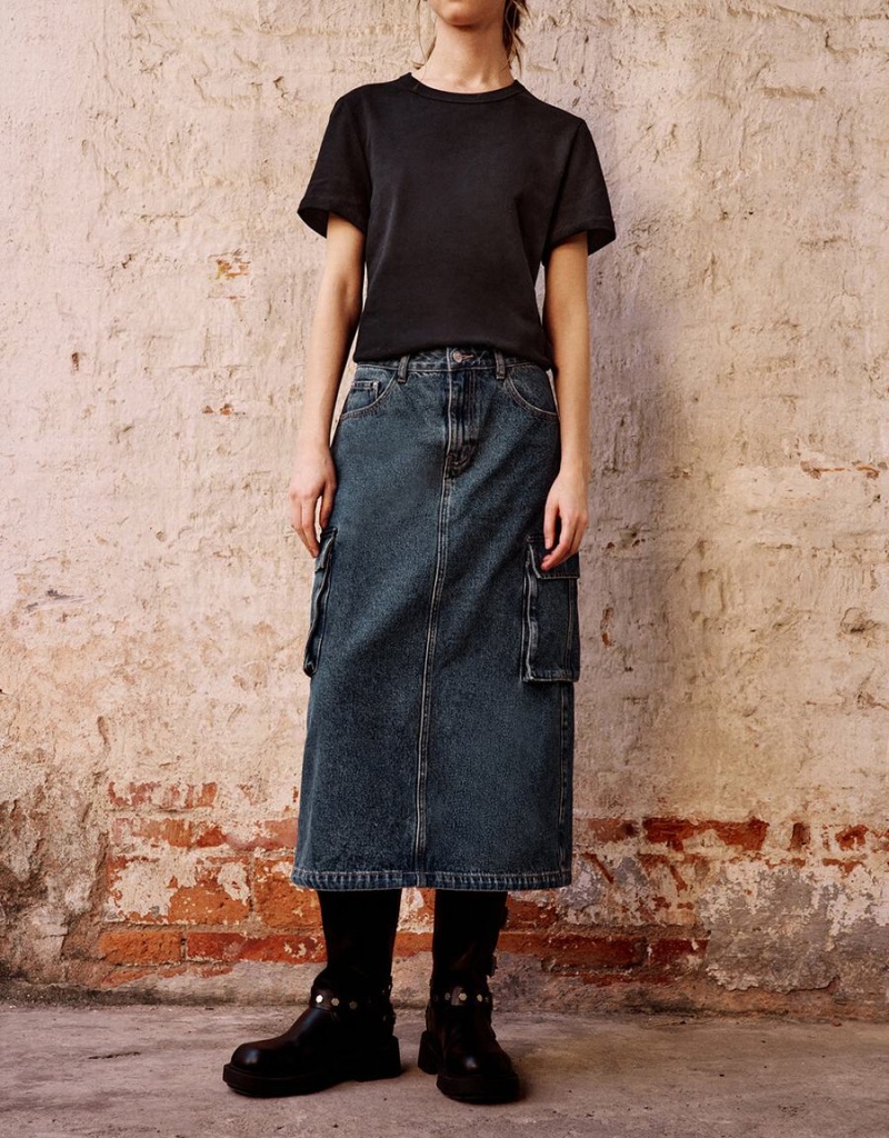 Falda Urban Revivo Midi Directo Denim Mujer Azules | UBD9227RI