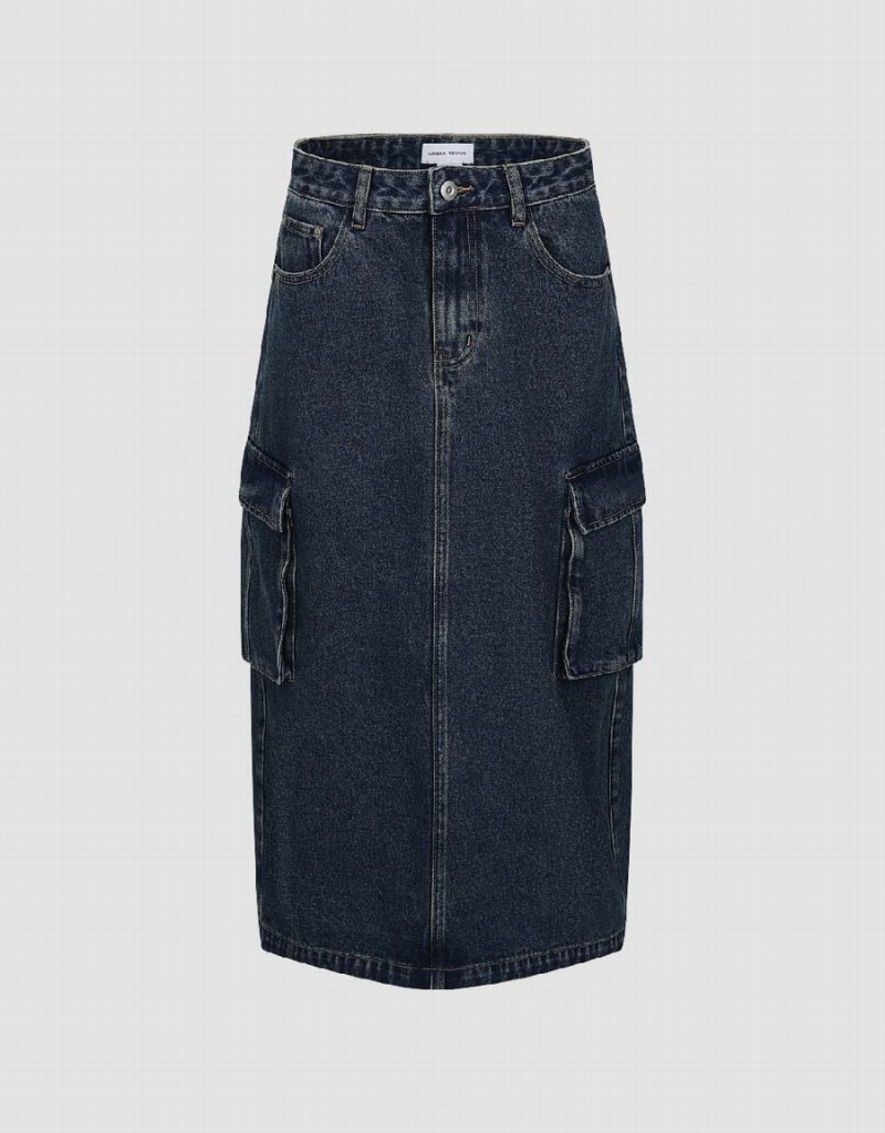 Falda Urban Revivo Midi Directo Denim Mujer Azules | UBD9227RI