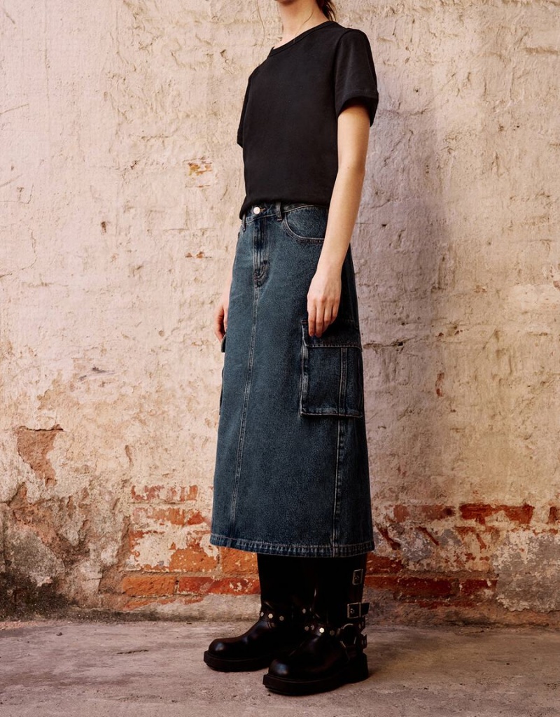 Falda Urban Revivo Midi Directo Denim Mujer Azules | UBD9227RI