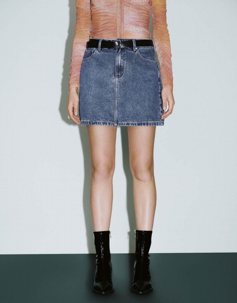 Falda Urban Revivo Mini A-Line Denim With Belt Mujer Azules | SQM9583OP