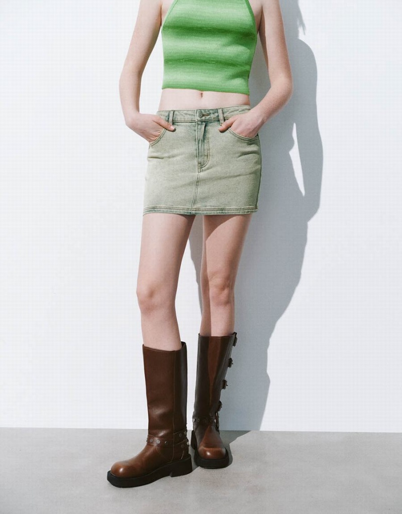 Falda Urban Revivo Mini Directo Denim Mujer Amarillos | JRF2353XW