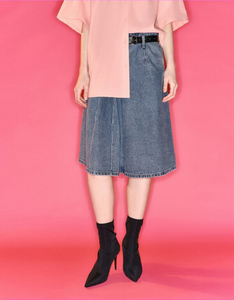 Falda Urban Revivo Plisado Denim With Belt Mujer Azules | HCL919YE