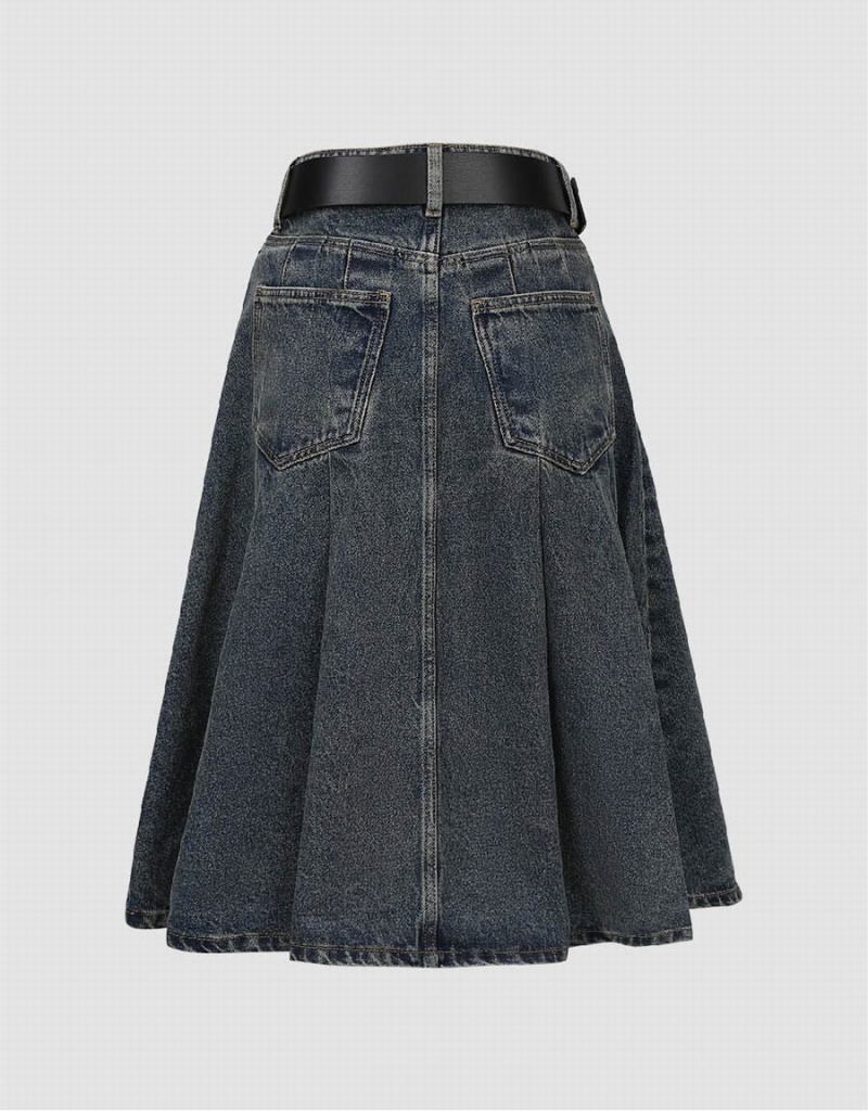 Falda Urban Revivo Plisado Mini A-Line Denim Mujer Azules | JED6167PV