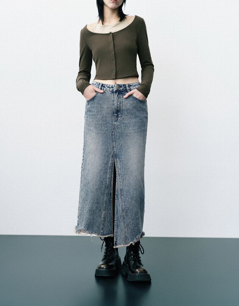 Falda Urban Revivo Raw Hem Split A-Line Denim Mujer Azules | KZY8069XC
