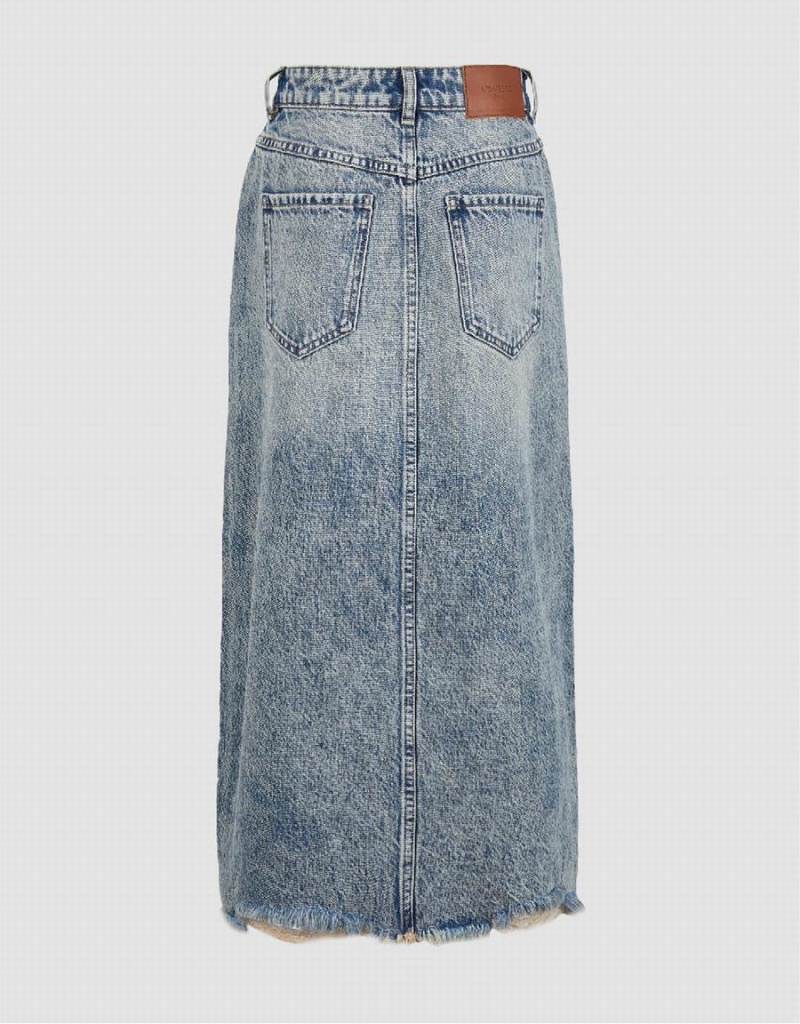 Falda Urban Revivo Raw Hem Split A-Line Denim Mujer Azules | KZY8069XC