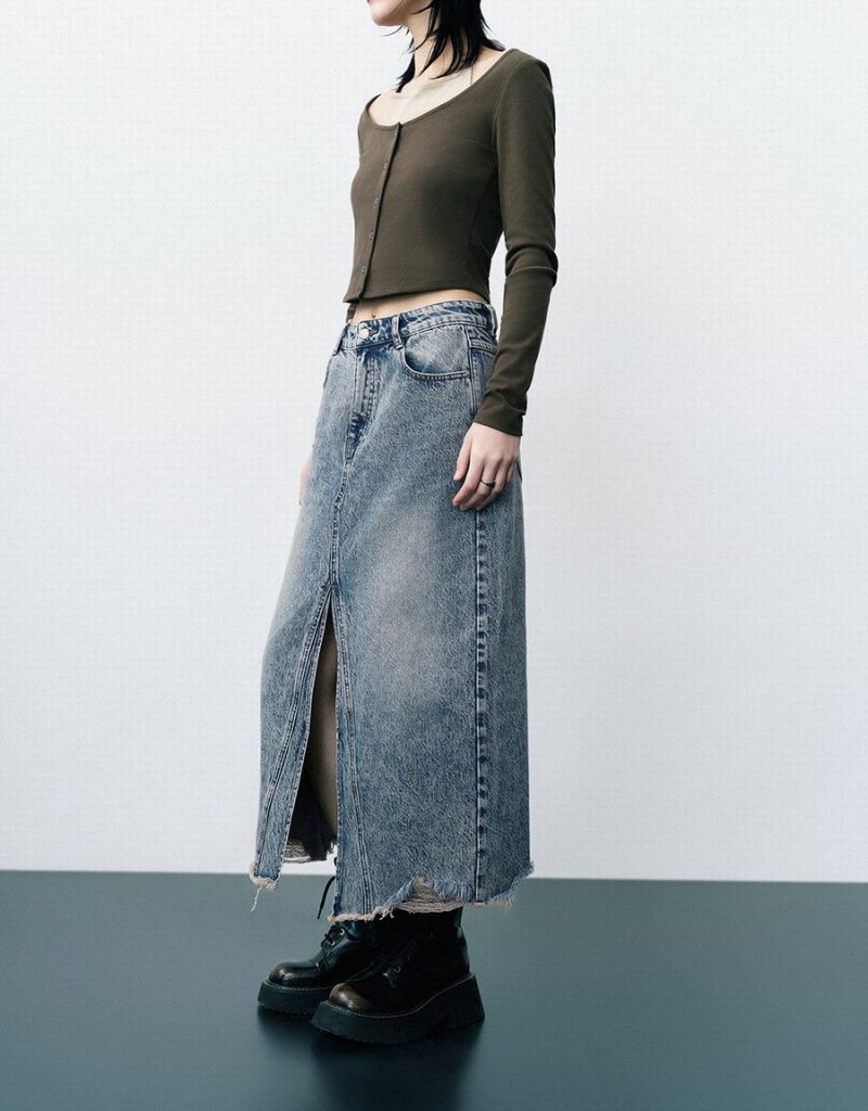 Falda Urban Revivo Raw Hem Split A-Line Denim Mujer Azules | KZY8069XC