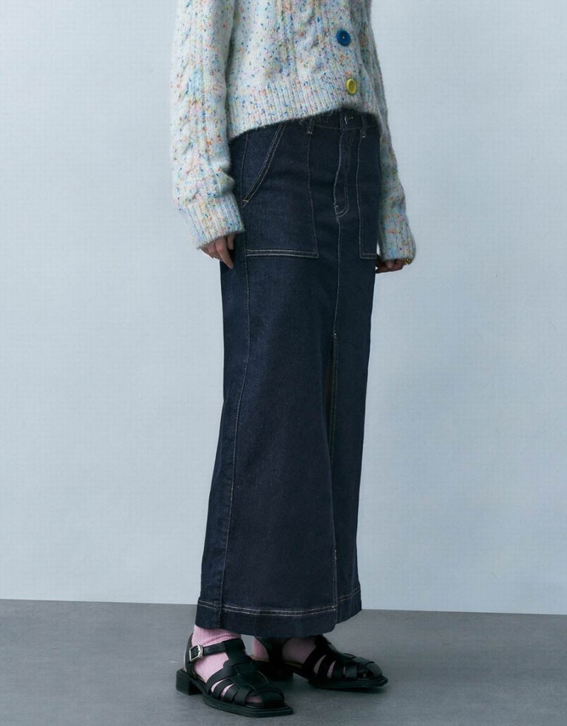 Falda Urban Revivo Split Hem Directo Denim Mujer Azules | VVU9865WM
