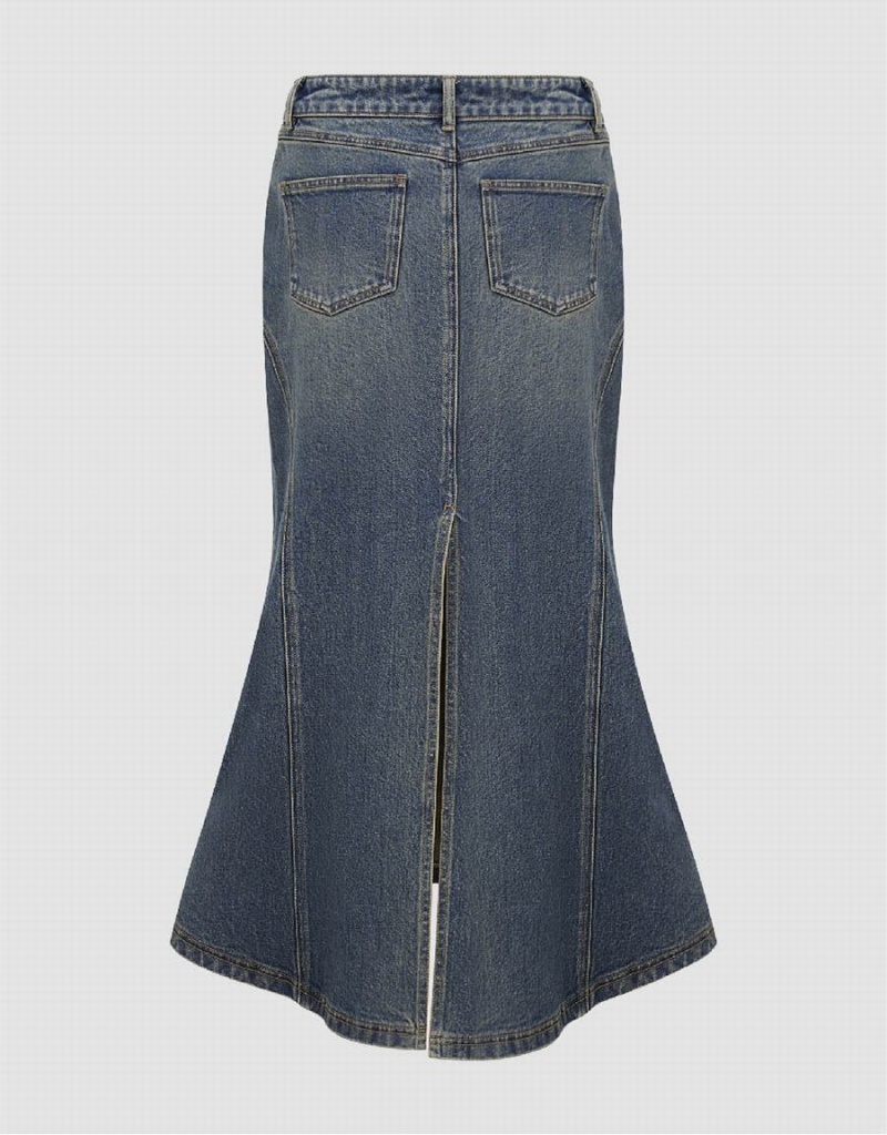 Falda Urban Revivo Split Hem Midi Fishtail Denim Mujer Azules | QPP4382ZF