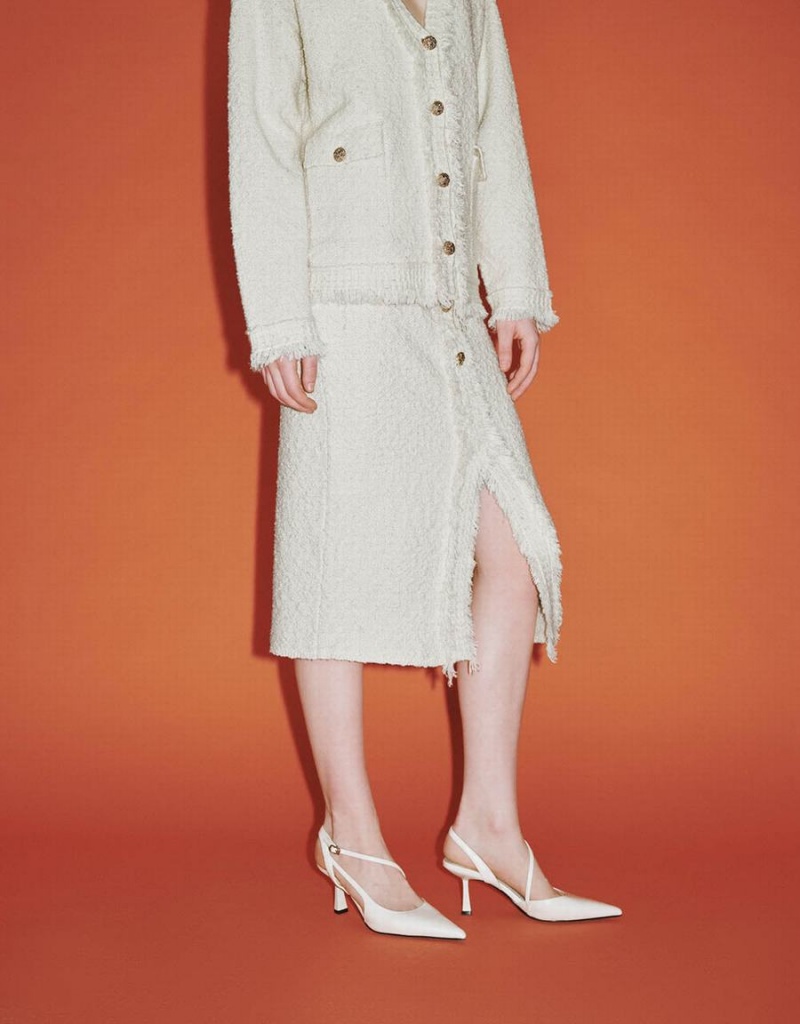 Falda Urban Revivo Split Hem Tweed De Punto Directo Mujer Blancos | KQU7759HS