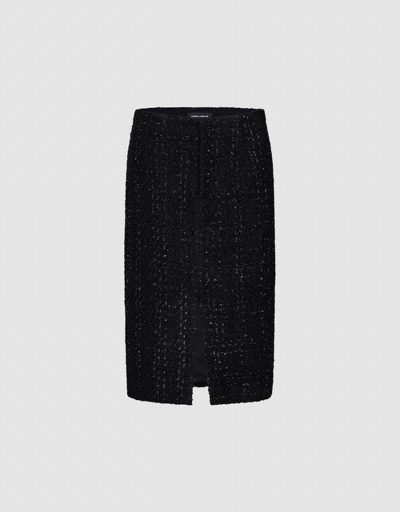 Falda Urban Revivo Split Hem Tweed Directo Mujer Negros | XIN6440WA