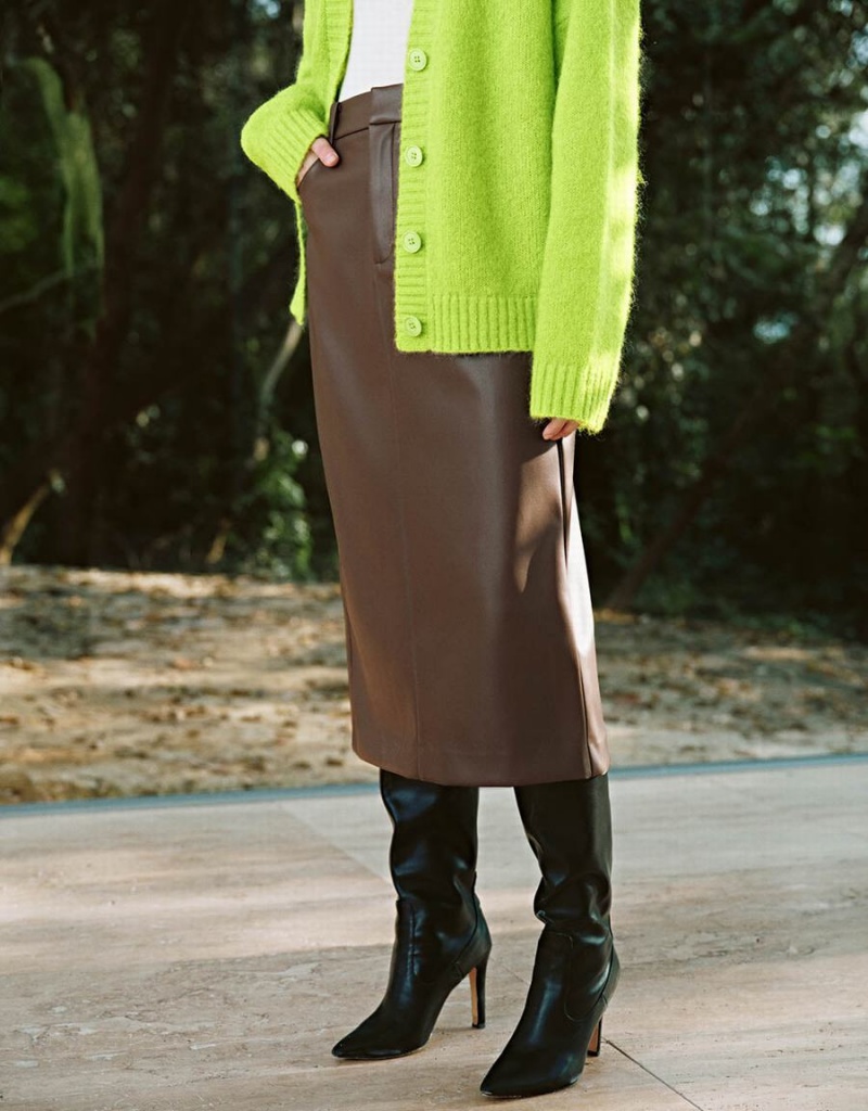 Falda Urban Revivo Vegan Cuero Midi Directo Mujer Marrom | XSM5048PI