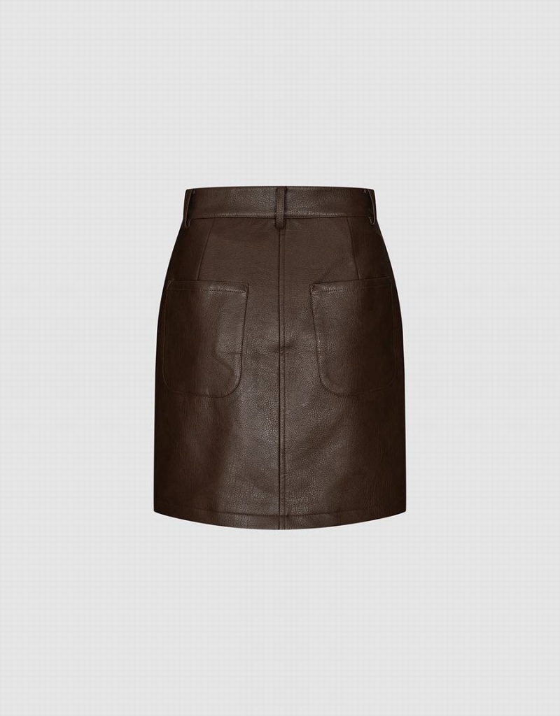 Falda Urban Revivo Vegan Cuero Mini A-Line Mujer Marrom | KQQ4260PH