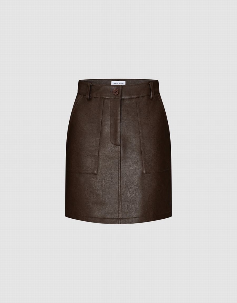 Falda Urban Revivo Vegan Cuero Mini A-Line Mujer Marrom | KQQ4260PH