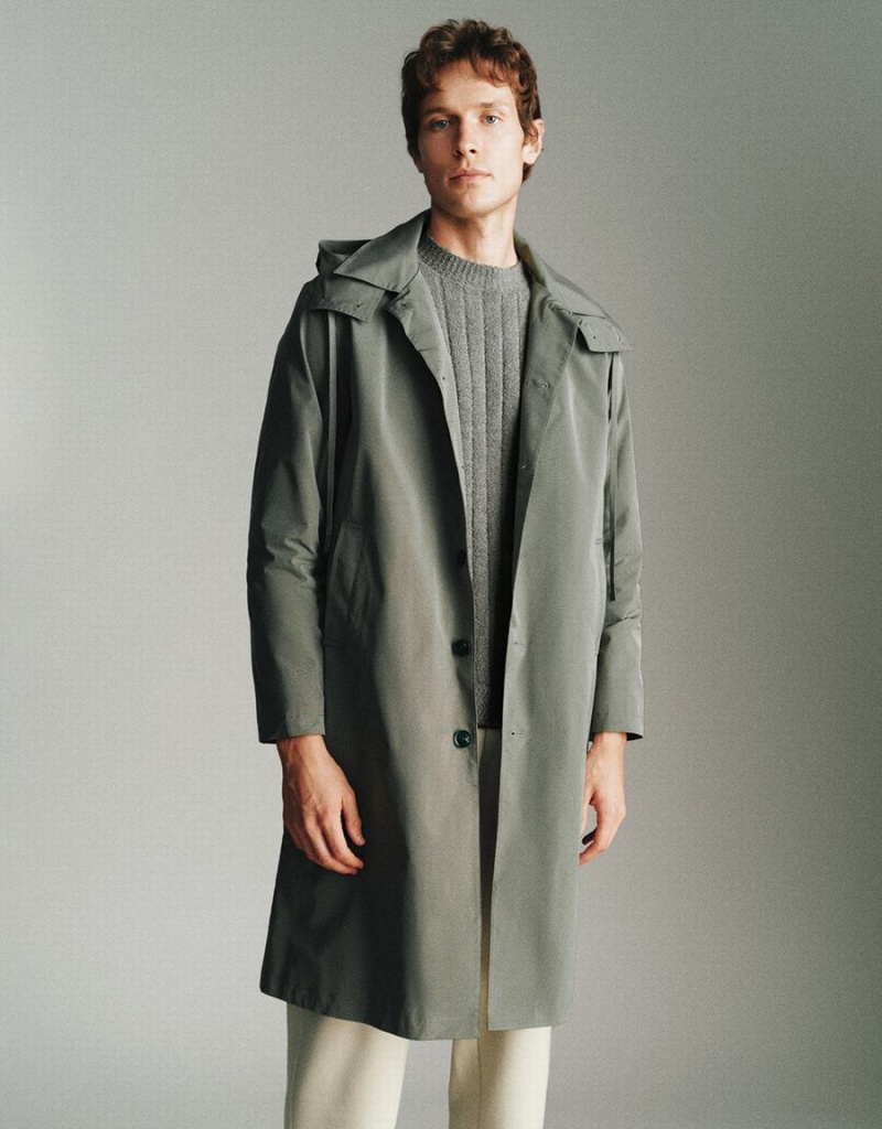 Gabardina Urban Revivo Button Up Encapuchado Trench Hombre Verdes | OTQ1932JB