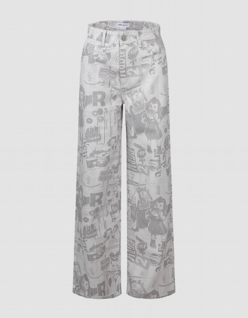 Jeans Urban Revivo Printed Anchos-Leg Mujer Blancos | JMN2029PP