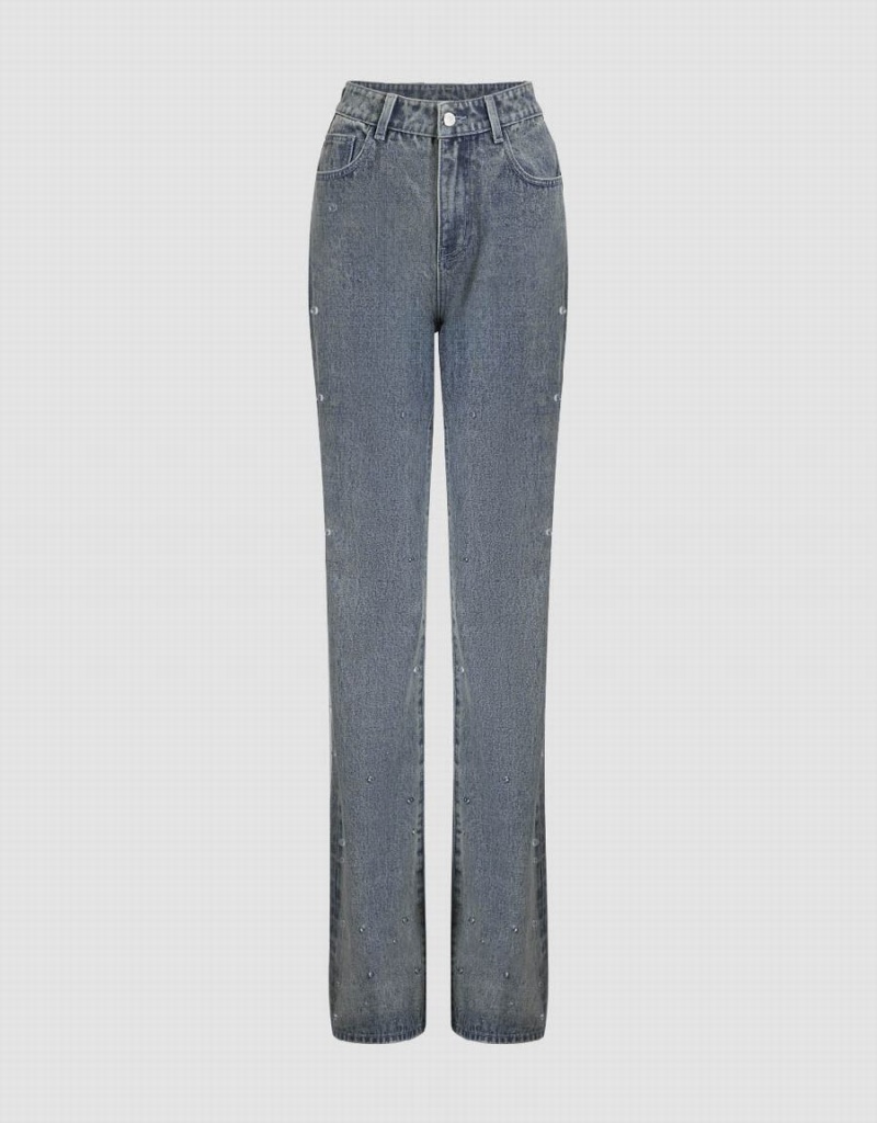 Jeans Urban Revivo Rhinestone Decor Flare Mujer Azules | ZAB5644UD