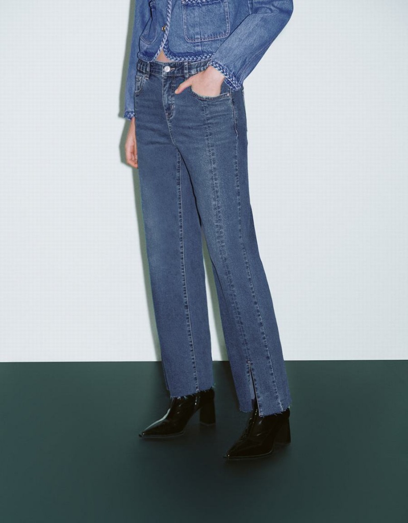 Jeans Urban Revivo Split Hem Directo Mujer Azules | HQK3147PT