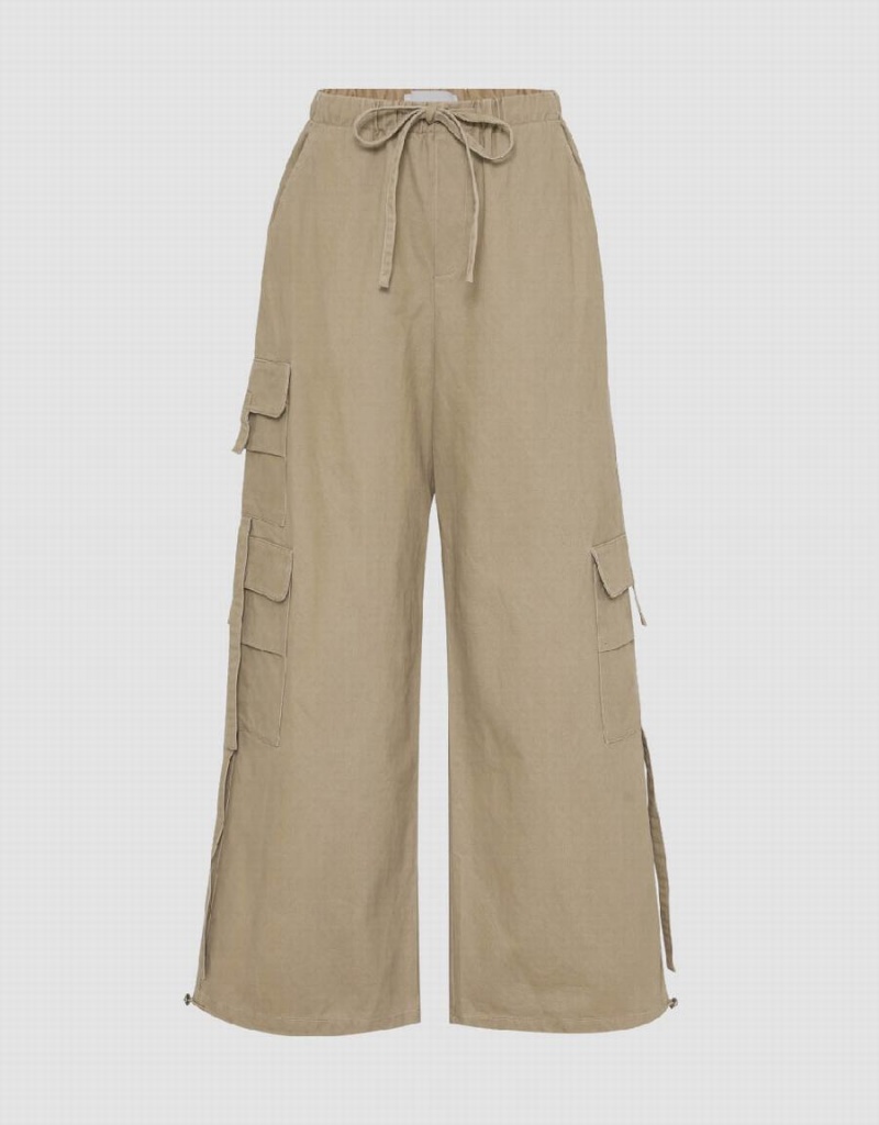 Pantalon Urban Revivo Multi-Pocket Drawstring Cintura Anchos-Leg Mujer Kaki | SQV3477BP