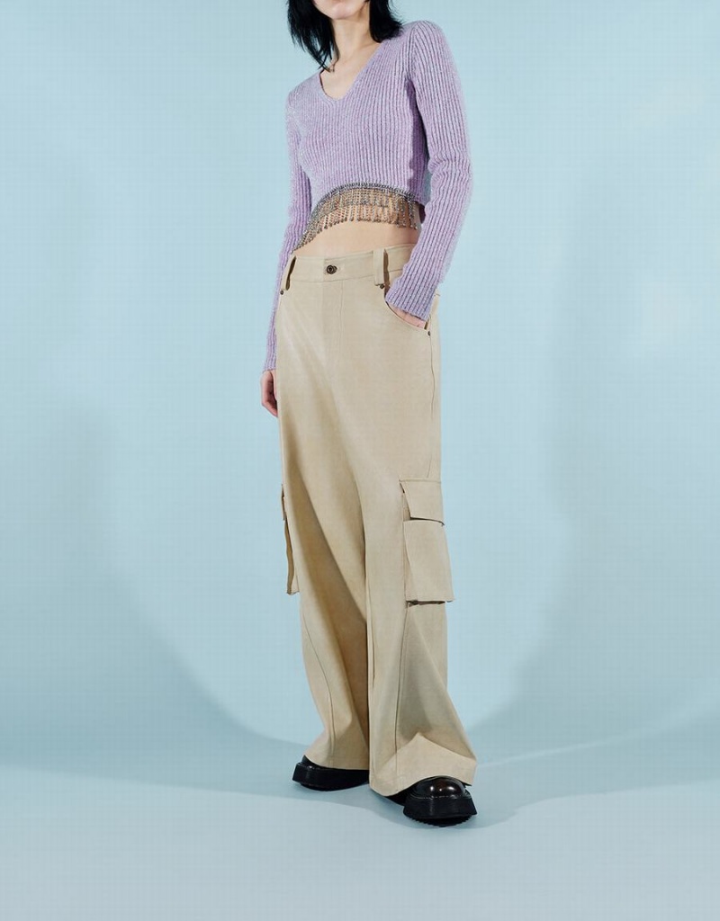 Pantalon Urban Revivo Vegan Cuero Anchos-Leg Mujer Blancos | AVW6134YQ