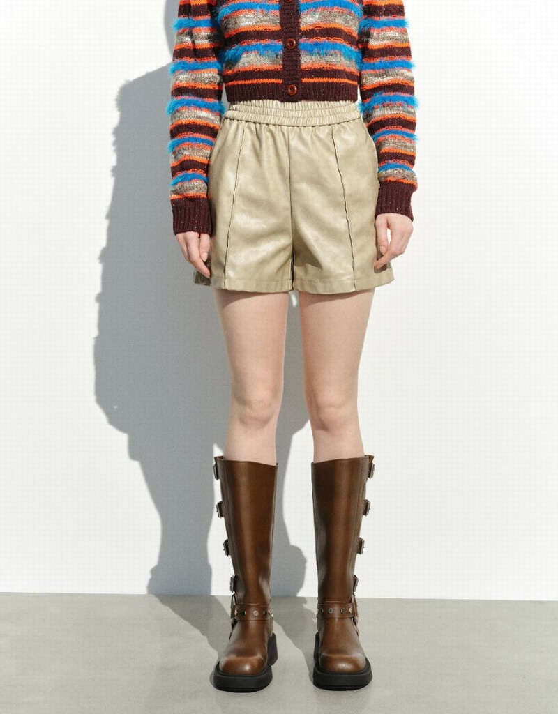 Short Urban Revivo Elastic Cintura Mujer Kaki | SFS9532YB