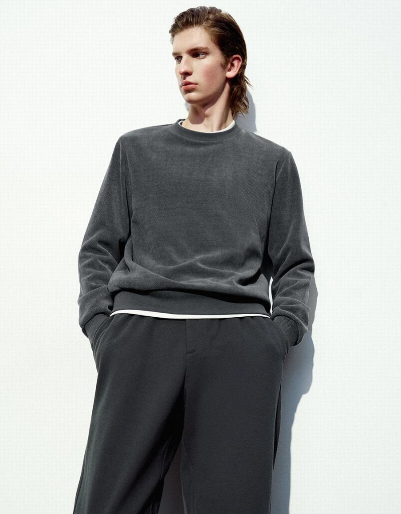 Sudaderas Urban Revivo Crew Neck Directo Hombre Grises Oscuro | FNK1225YH