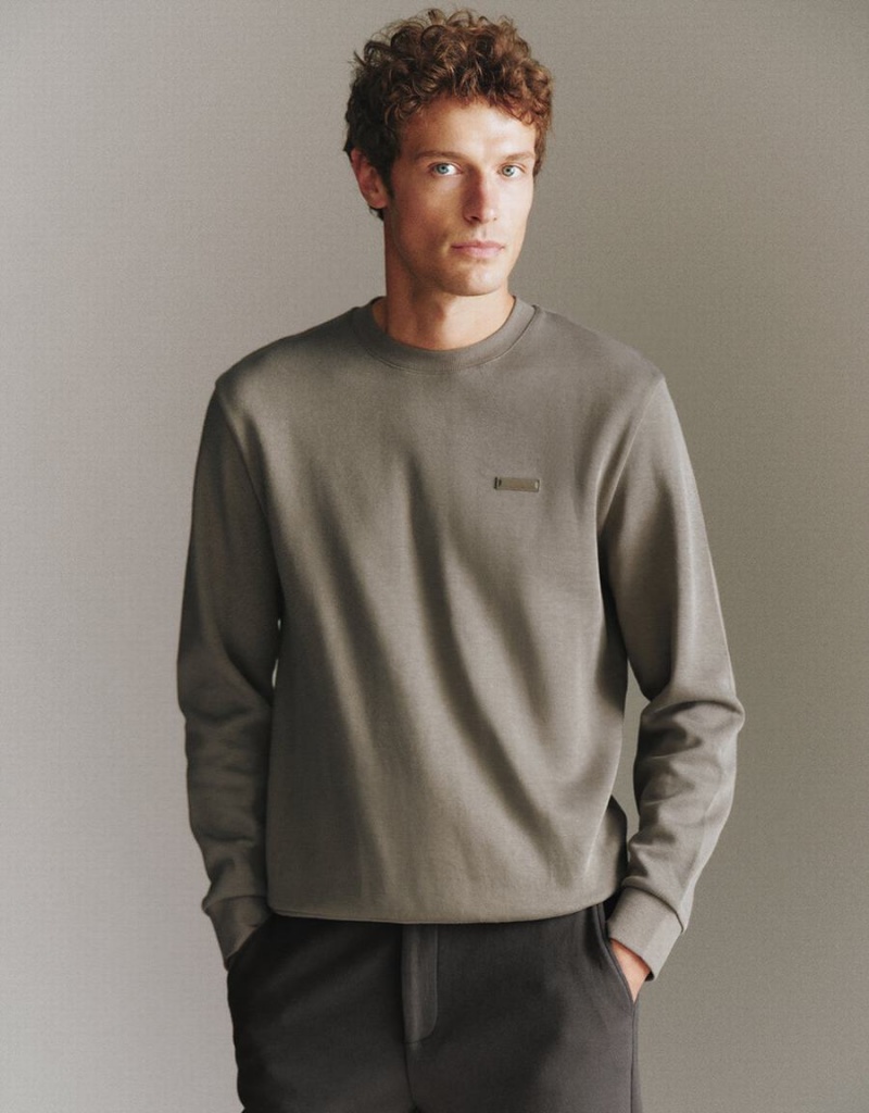 Sudaderas Urban Revivo Crew Neck Directo Hombre Grises Oscuro | PIF3345TM