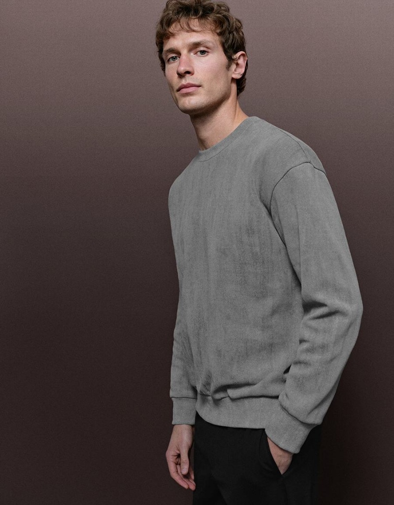 Sudaderas Urban Revivo Crew Neck Directo Hombre Grises | RFZ7982KC