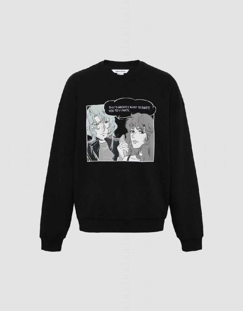 Sudaderas Urban Revivo Printed Crew Neck Hombre Negros | SSQ521TU