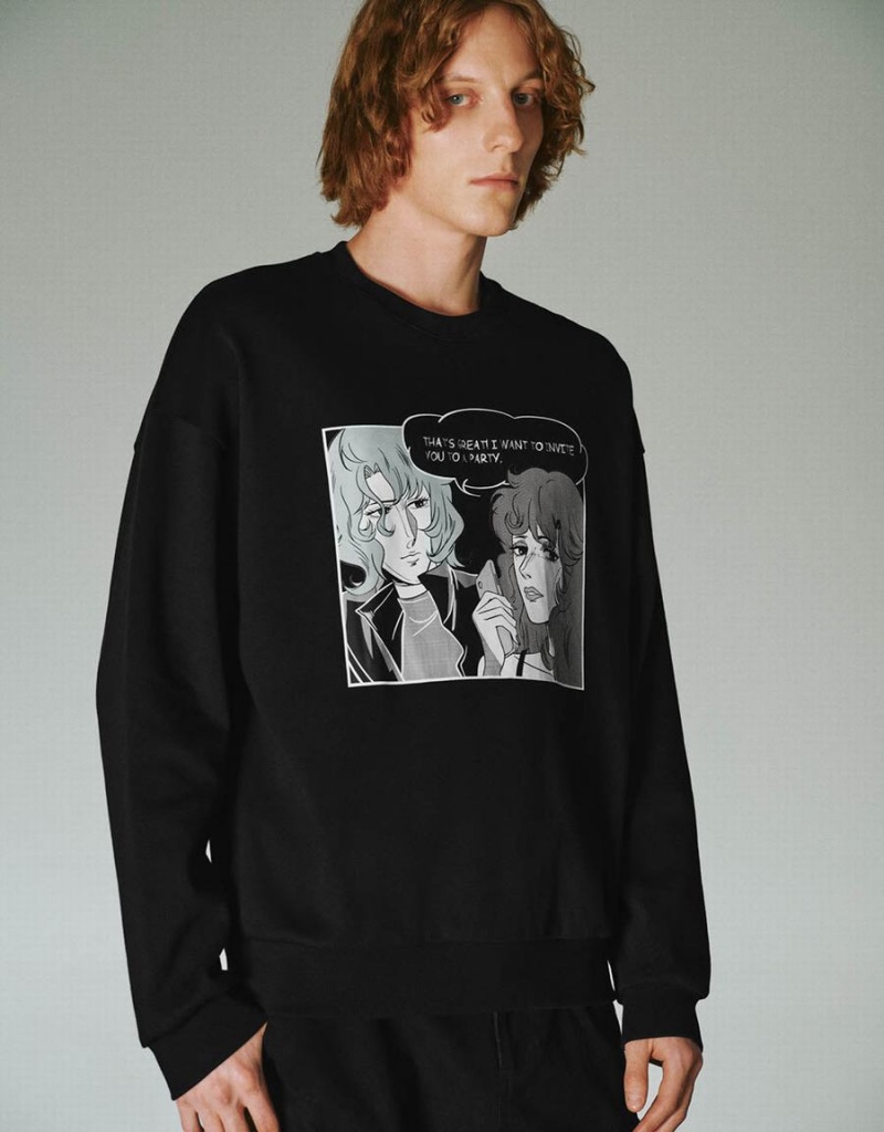 Sudaderas Urban Revivo Printed Crew Neck Hombre Negros | SSQ521TU