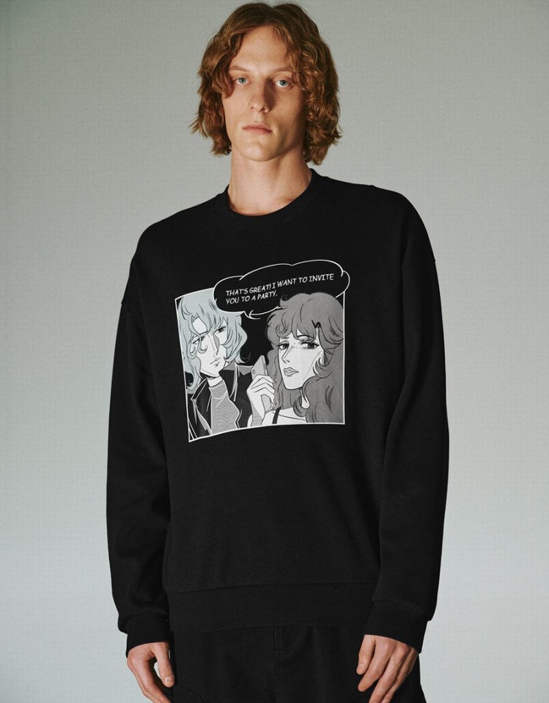 Sudaderas Urban Revivo Printed Crew Neck Hombre Negros | SSQ521TU