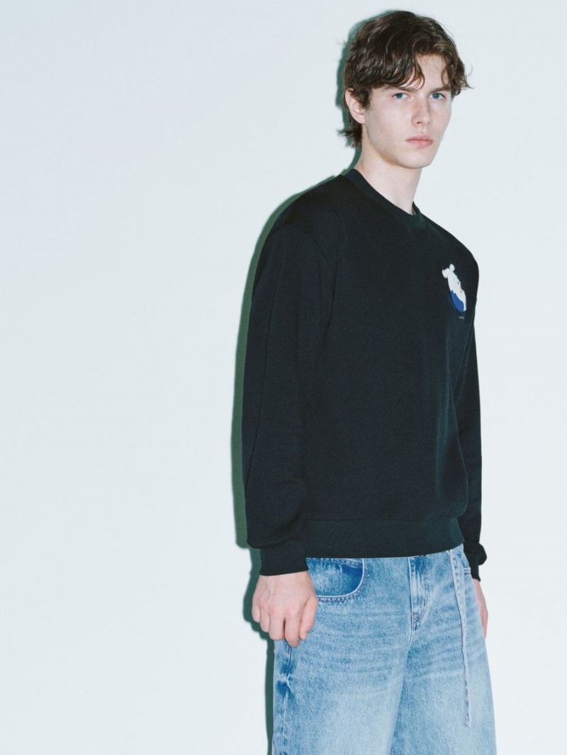 Sudaderas Urban Revivo Printed Crew Neck Hombre Negros | YFV7566KS