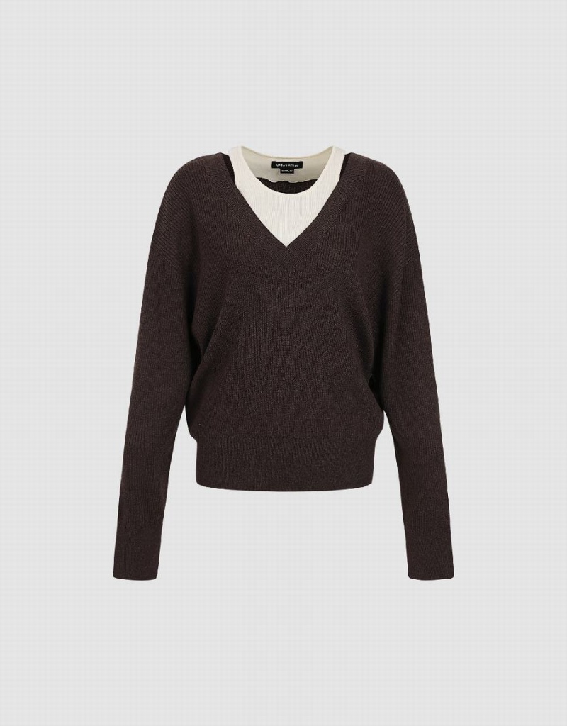 Suéteres Urban Revivo 2 In 1 V-Neck Mujer Marrom | IID1277AS
