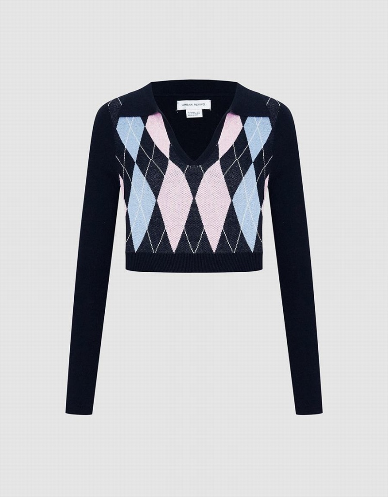 Suéteres Urban Revivo Argyle Crop Checkered Mujer Azules | NDK9726QP