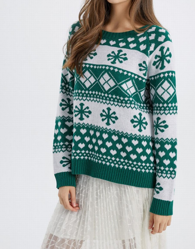 Suéteres Urban Revivo Christmas Snowflake Crew Neck Holiday Mujer Verdes Oscuro | EMA220QF