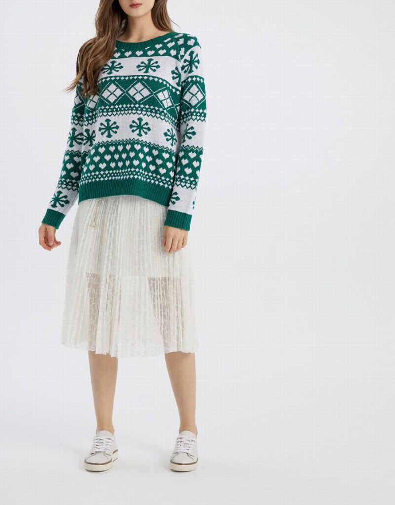 Suéteres Urban Revivo Christmas Snowflake Crew Neck Holiday Mujer Verdes Oscuro | EMA220QF